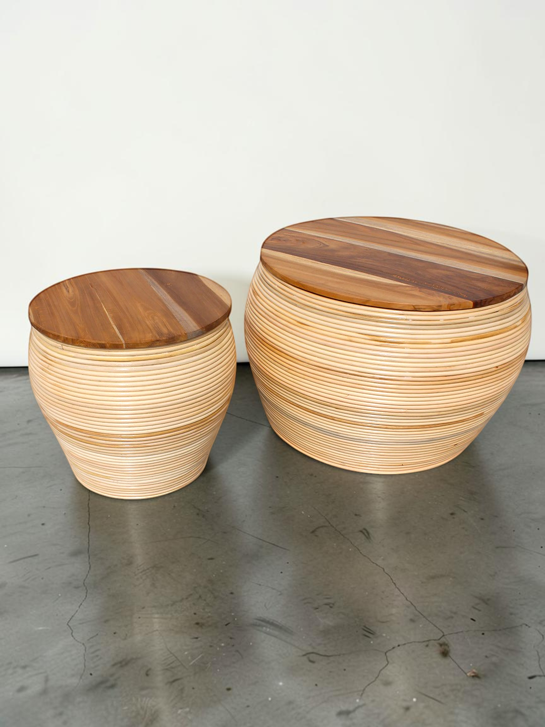 AYOMI set of two handmade round coffee tables with natural bamboo bases and solid teak wood tops
