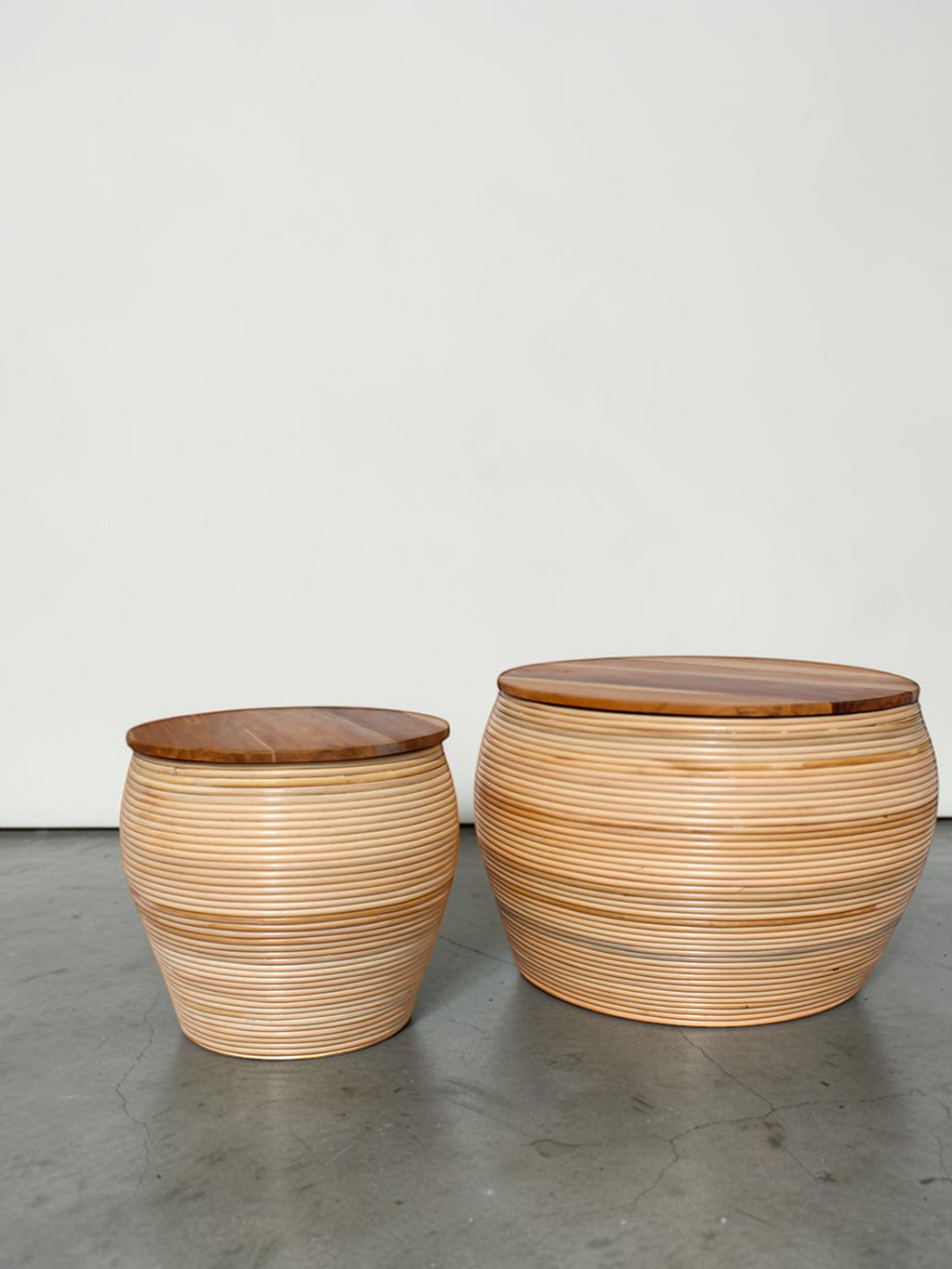 AYOMI handmade set of two round coffee tables with bamboo bodies and natural teak wood tops for indoor or outdoor use