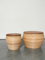 AYOMI handmade set of two round coffee tables with bamboo bodies and natural teak wood tops for indoor or outdoor use