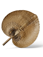 AYOMI large hand-woven palm leaf fan with a natural wicker texture, suitable as a decorative wall hanging.