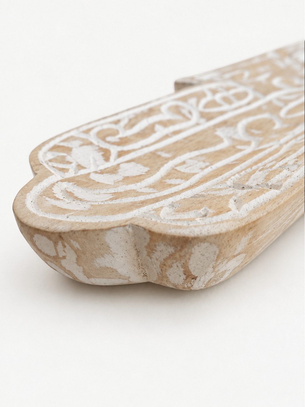 AYOMI hand-carved balsa wood Hamsa incense holder with white painted eye and floral detailing