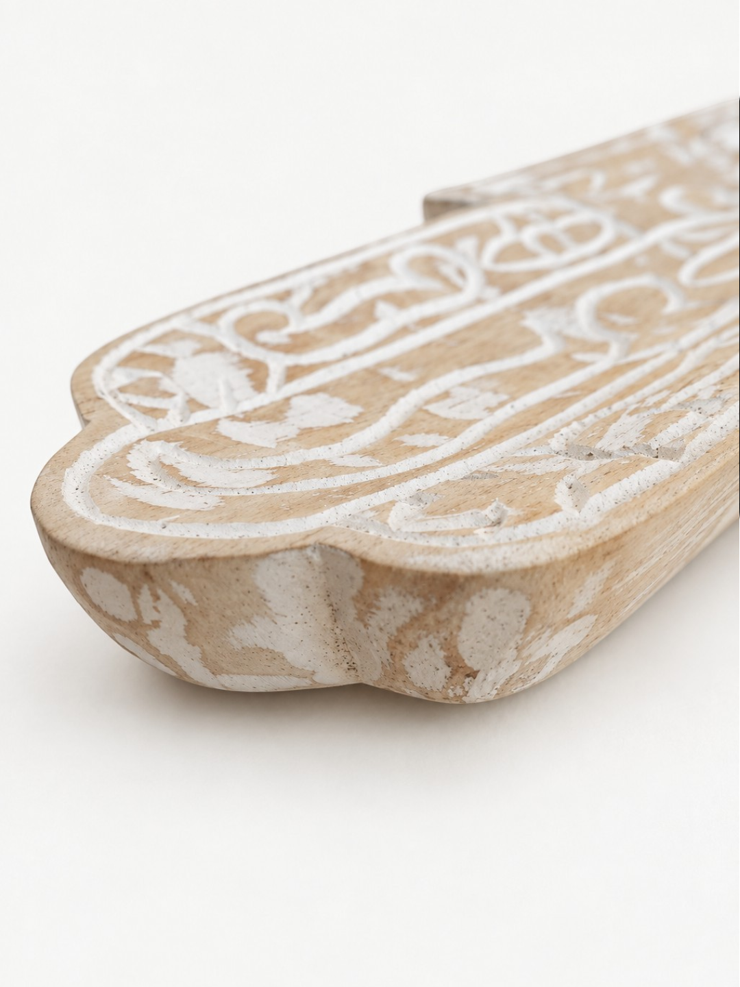AYOMI hand-carved balsa wood Hamsa incense holder with white painted eye and floral detailing