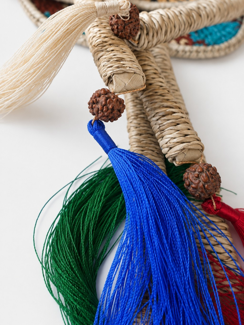 AYOMI Osaka palm leaf hand fan with colorful tassels and Rudraksha seed beads for home decor