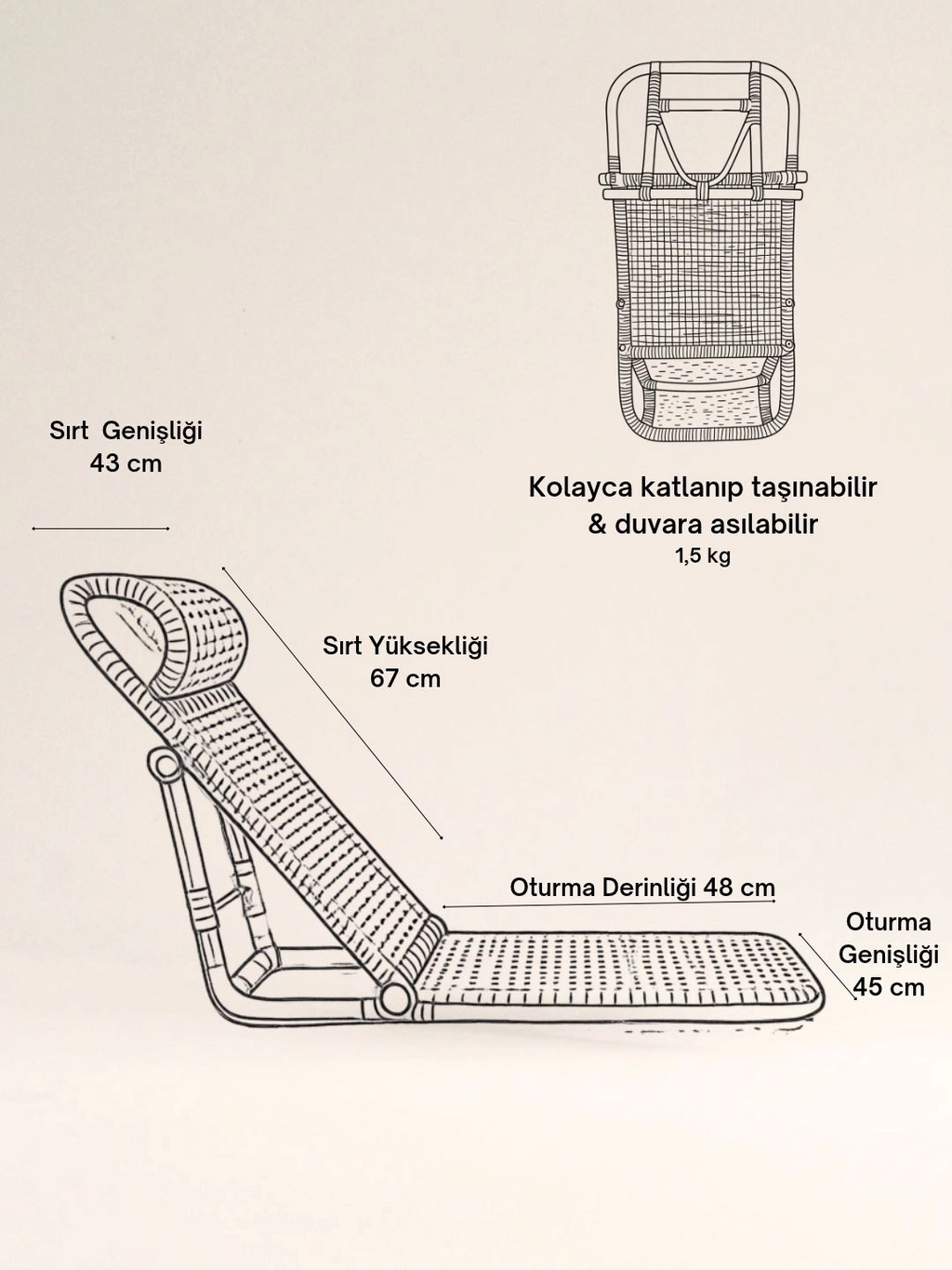 AYOMI Phuket katlanır bambu şezlong, teknik ölçüleri ve taşınabilir tasarımı gösteren şematik çizim.