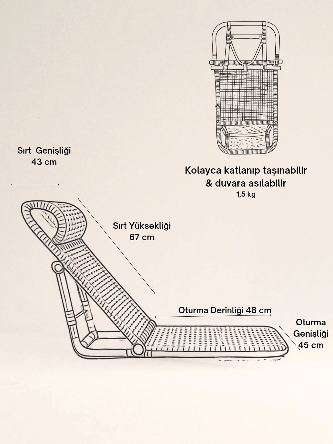 AYOMI Phuket katlanır bambu şezlong, teknik ölçüleri ve taşınabilir tasarımı gösteren şematik çizim.
