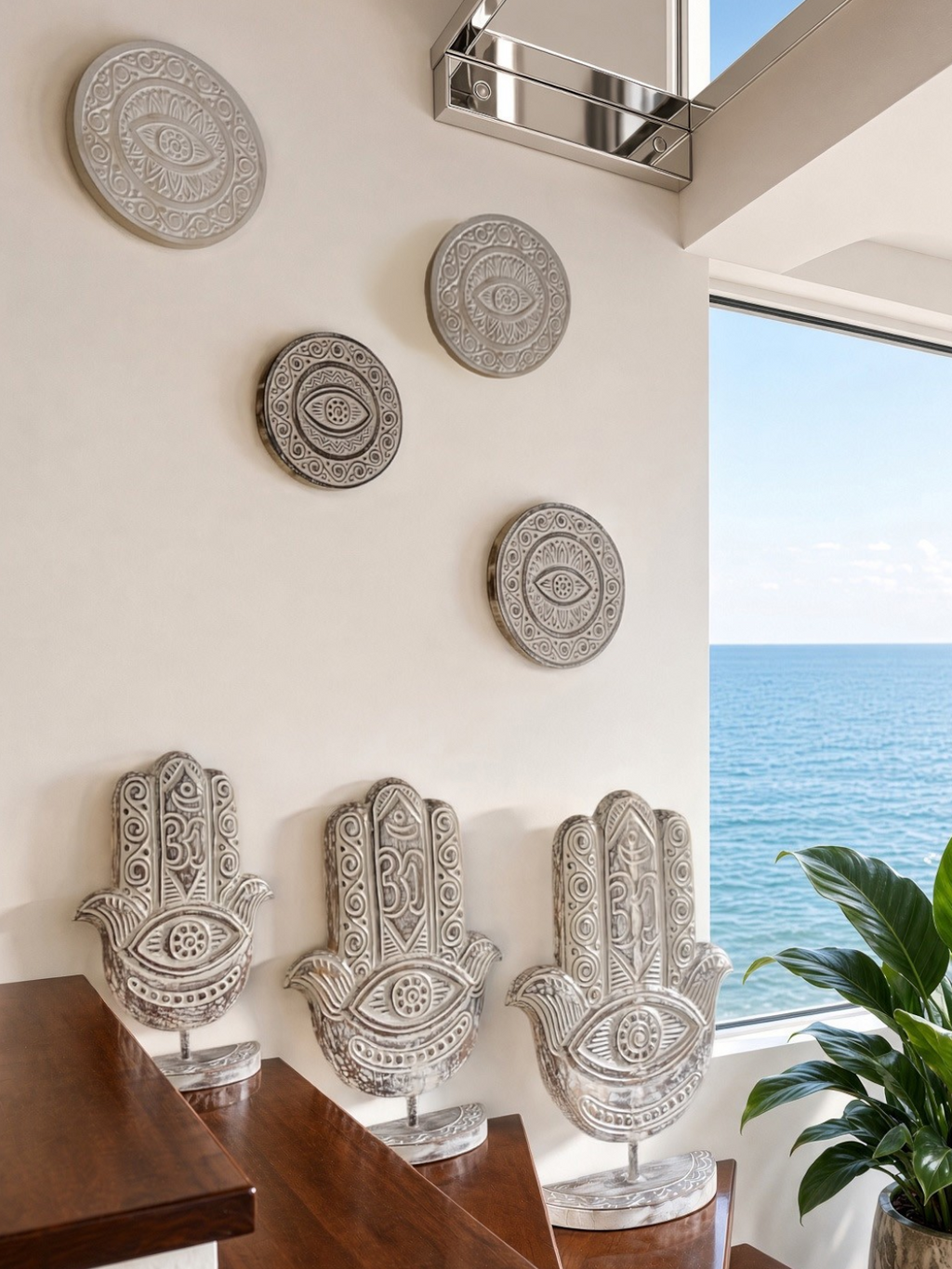 AYOMI set of two white hand-carved solid wood Nazar wall plates featuring intricate evil eye patterns.